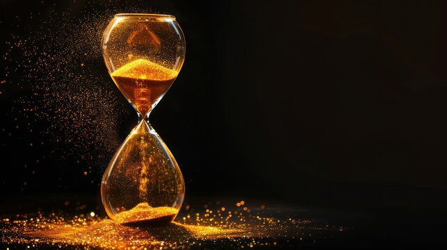 Illuminated hourglass with cascading particles, dark background
