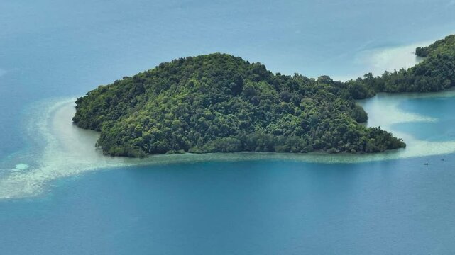 Aerial view of island and coral atoll with turquoise water. Seascape in the tropics. Borneo, Sabah, Malaysia.