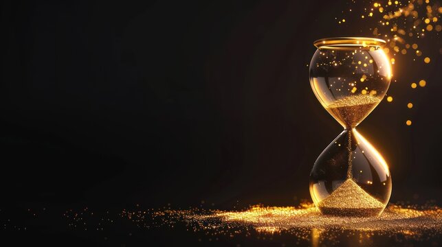 Illuminated golden hourglass on dark background with sparkling dust, time concept