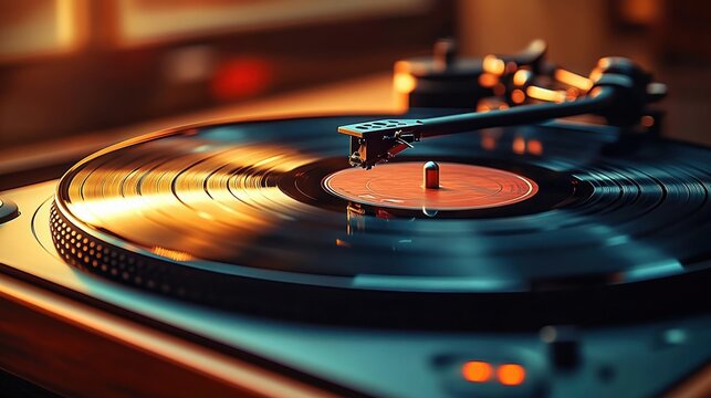 Close-up of a spinning vinyl record on a vintage turntable with tonearm and stylus, warm glowing light and a cozy nostalgic atmosphere