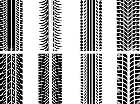Various vertical tire tracks display a diverse range of grooves and sipes for optimal traction.