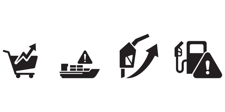 Supply chain issues and rising costs illustrated with shopping cart, cargo ship, gas pump icons