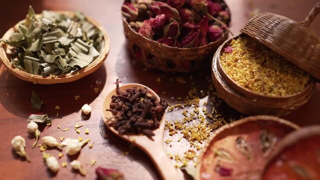 Cinematic scene of dried rose buds, jasmine, and osmanthus with bael fruit on a wooden table, featuring fallen petals and moving sunlight for an authentic wellness tea preparation ritual.