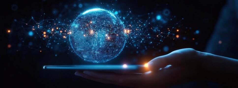 A futuristic glowing globe with circuitry hovering over a hand and tablet, connected by blue network lines, evoking wonder and advanced technology.