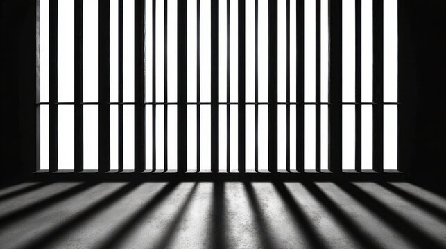 Tall vertical bars of a prison cell casting long shadows across a bare floor, conveying confinement and stark geometric light