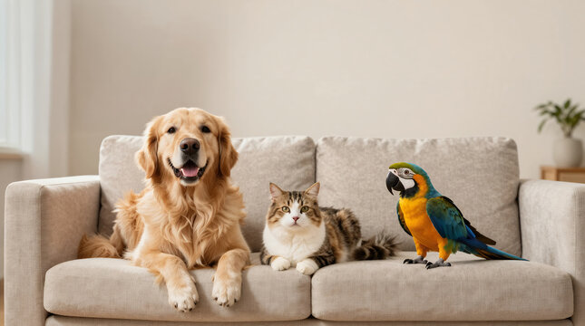 Cozy Indoor Portrait of Golden Retriever Cat and Parrot on Sofa