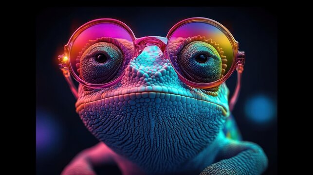 close-up of a curious chameleon wearing round rainbow tinted glasses with vibrant neon lighting, highly textured scales and a whimsical inquisitive expression