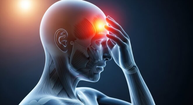 Digital illustration of a human head with a glowing red spot on the forehead indicating pain or headache