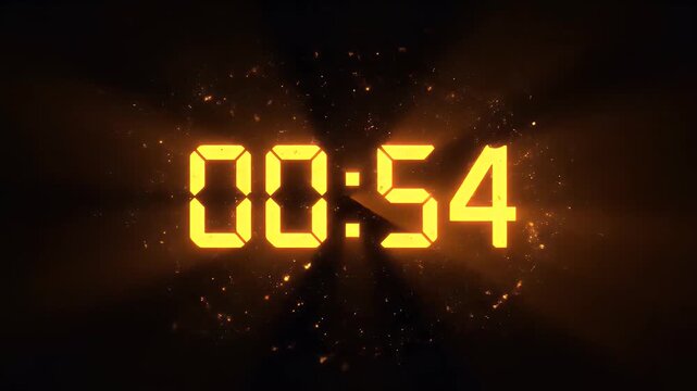 Glowing digital timer displays 0054 against a dark, sparkling background