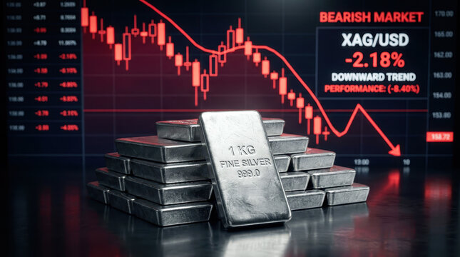 Silver bars stacked on reflective surface with bearish market graph in background indicating decline in financial performance