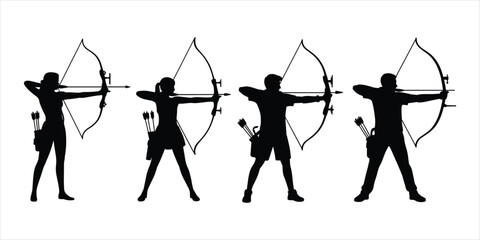 Silhouettes of four archers drawing bows on a white background archery arrow © Ariful