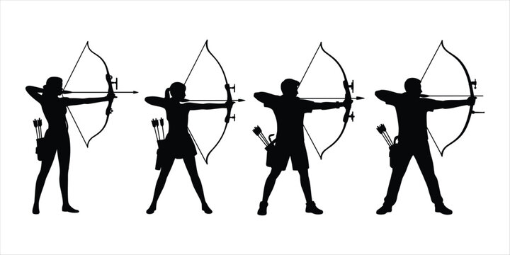 Silhouettes of four archers drawing bows on a white background archery arrow