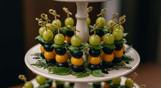 grape and olive skewers with small basil leaves and balsamic drizzle, neatly arranged in a spiral pattern, on a tiered ceramic serving tray with green foliage accents. Perfect for a Mediterranean ligh