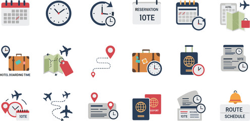 Travel Planning and Vacation Schedule Icon Set with Calendar, Passport, Air Tickets, Flight Routes, Maps, Reminder Notes, and Tourism Symbols © MdMojnu