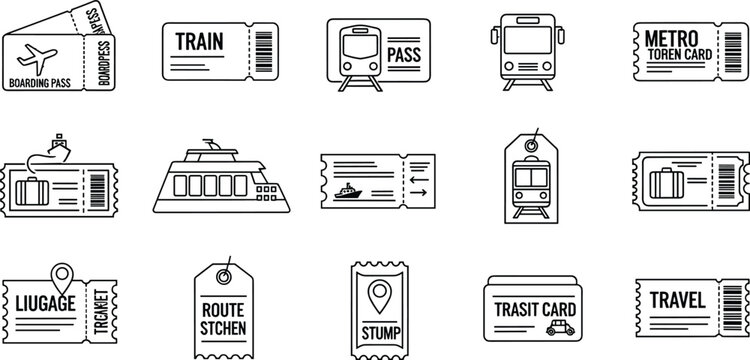 Travel Ticket Collection, Featuring Train, Bus, Flight, Metro, and Pass Icons for Transportation, Travel, and Journey Designs