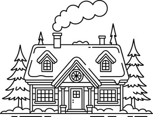 Fototapeta premium Cozy Winter Cabin with Smoking Chimney Surrounded by Pine Trees in Minimalist Outline Style