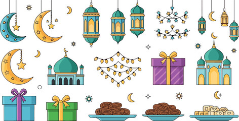 Ramadan and Eid Mubarak Celebration Icon Set Featuring Crescent Moons, Mosque Domes, Lanterns, Gift Boxes, Festive Lights and Traditional Islamic Festival Symbols © Jisan