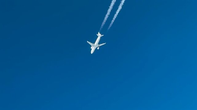 Aerial view of a white color twin-engine jet airplane flying at cruise in the upper atmosphere, leaving behind a fading contrail. Aerial footage taken from another jet cockpit flying bellow.