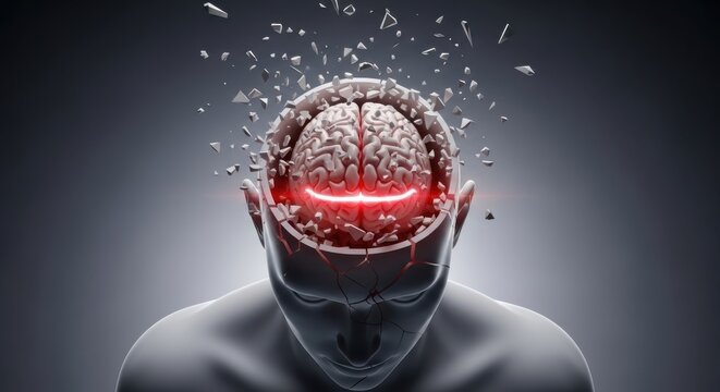3d illustration of a human head with a shattered brain and red glowing effect
