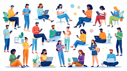 Fototapeta premium Digital Communication and Social Interaction People Activities Vector Set