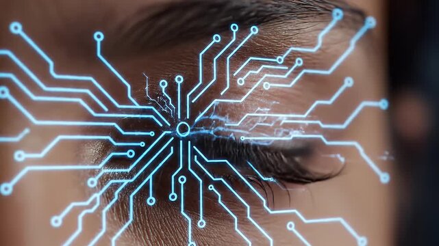 Close-up macro view of a human eye with glowing blue circuit board patterns overlaid