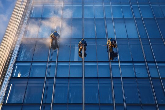 three suspended window cleaners on ropes cleaning a glass skyscraper facade with mist and sunlight, teamwork and focused effort