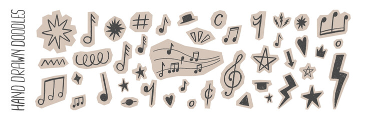 Hand-drawn music notes and colorful crayon doodles create a playful vintage collage with pastel textures. Vector illustration. © Arina