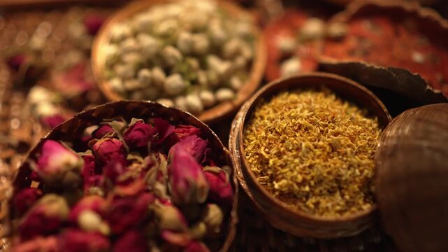 Cinematic clockwise rotating showcase of traditional dried herbs, transitioning from fragrant jasmine and rose to whole bael fruit slices for holistic wellness concept.