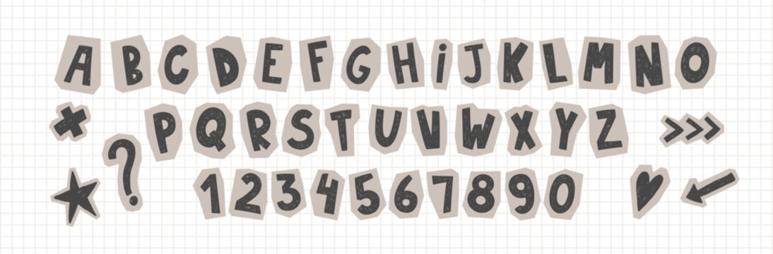 Cut paper letters and numbers in vintage style with aesthetic torn edges. Retro alphabet stickers with crayon, pencil texture. Vector illustration.