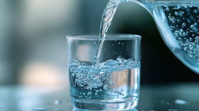 Close-up of clear water being poured from a pitcher into a glass, bubbles and splashes creating a refreshing calm moment