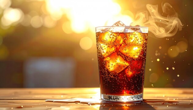 Refreshing Cola Drink with Ice Cubes on a Sunny Day.