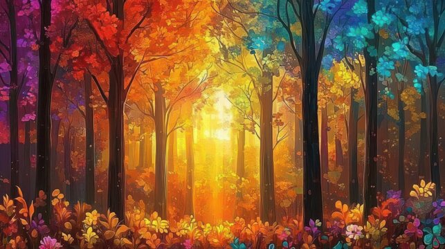 Sunlit enchanted forest with rainbow-colored trees, glowing golden clearing, tall dark trunks and vibrant wildflowers, serene magical atmosphere