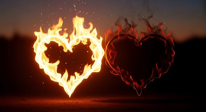 Flaming Heart Burning on Fire Next to Dark Heart