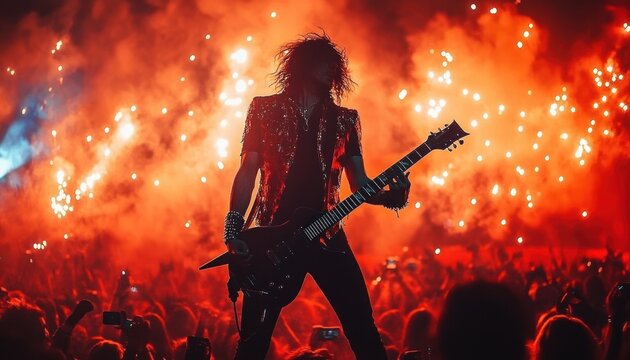 silhouetted guitarist on a smoke filled stage with fiery pyrotechnics and an ecstatic crowd, intense energetic rock performance