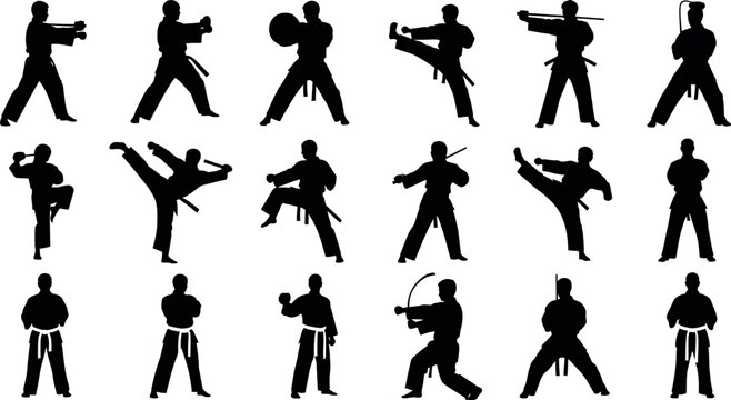 Collection of black silhouettes depicting various martial arts stances and moves