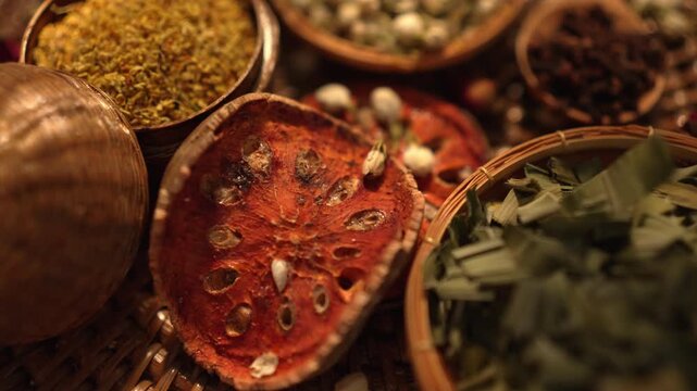Slow rotating showcase of oriental dried herbs including osmanthus, bael fruit, and pandan leaf, clockwise movement on wooden plate with cinematic warm lighting.