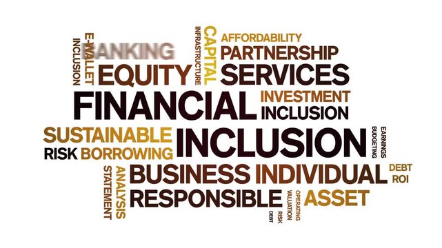 Financial inclusion animated word cloud-text design animation tag kinetic typography seamless loop.