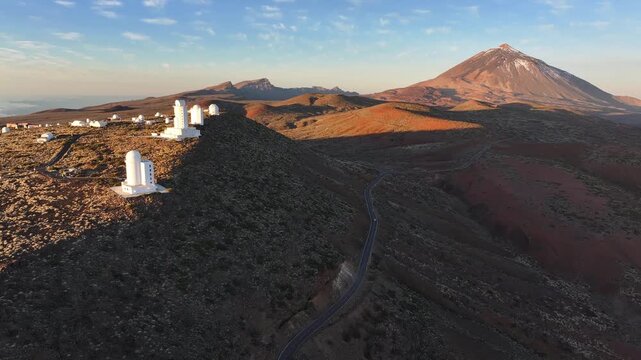 The TF-24 road leads past the Teide Observatory to the Teide volcano. Tenerife. Canary islands. Aerial video.