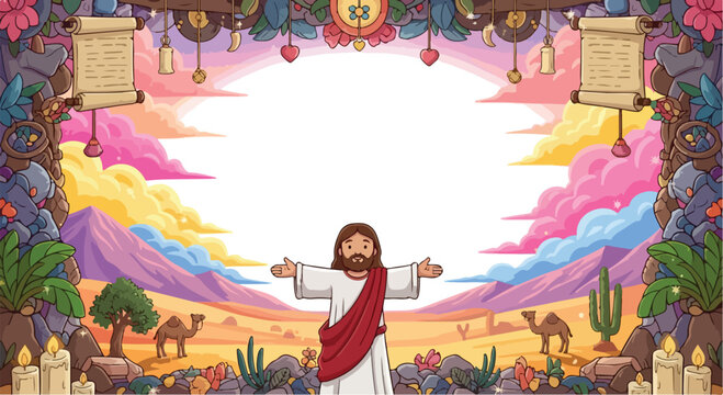 Decorative landscape frame showing Jesus Christ standing in a valley during the resurrection.