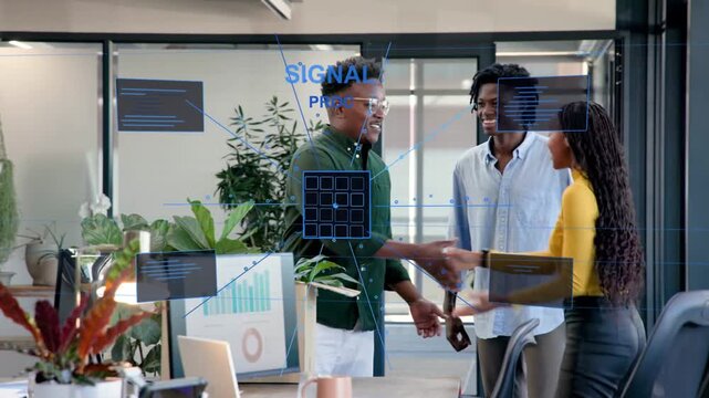 New hire carrying box entering office placing box by chart team greeting HUD annotating SIGNAL PROC