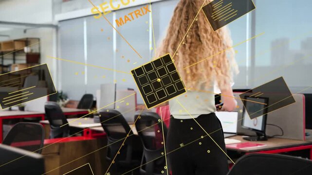 Woman walking causing security matrix over screens, talking phone and handing docs for peer review