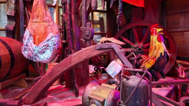 Rustic interior display showing cured raw ham leg, mechanical grinder, metal gears and rooster decoration in traditional food shop environment, pan and reveal shot.