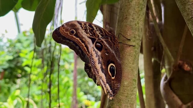 Close handheld view of owl butterfly from genus Caligo resting on tree trunk with wings closed showing large eyespot camouflage among tropical plants.