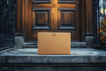 Fototapeta premium cardboard delivery box on stone front steps before a warm wooden door with wrought iron railings and autumn leaves, evoking quiet anticipation and arrival