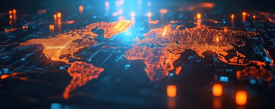 Glowing orange digital world map projected on a dark circuit board with blue highlights, illuminated data nodes and a futuristic sense of global connectivity