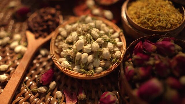 Cinematic clockwise rotating showcase of dried herbs, transitioning from sharp jasmine to aromatic rose buds and osmanthus, warm sunlight on traditional wooden turntable.