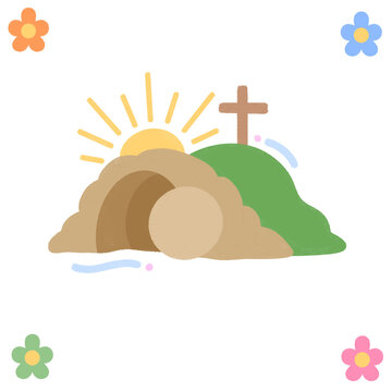 Empty tomb of jesus with stone rolled away and cross for easter resurrection.