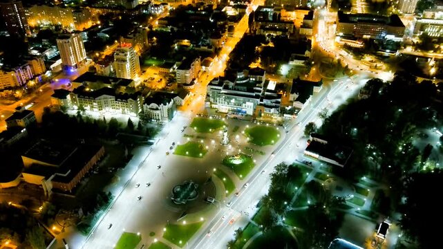 Lipetsk, Russia. Peter the Great Square. Night city lights. Flight after sunset. History Center. Drone footage