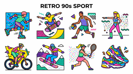 Fototapeta premium Retro 90s Sport Illustrations: Rollerblading, Skateboarding, Basketball, Tennis