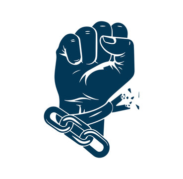 clenched fist breaking free from metal chain link symbolizing freedom and resistance